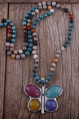 Boho Necklace, RH Crystal Butterfly Blue Natural Stone - Wild Rose Boho