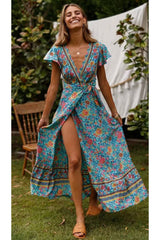 Maxi Dress, Sundress, Wrap Dress, Flower Song in Blue and White - Wild Rose Boho