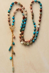Boho Necklace, Mala Necklace, Blue & Brown Imperial Jaspers - Wild Rose Boho