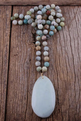 Boho Necklace, RH Rose Quart Amazonite, Oval Blue White Black Natural Stone - Wild Rose Boho