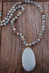 Boho Necklace, RH Rose Quart Amazonite, Oval Blue White Black Natural Stone - Wild Rose Boho