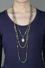 Boho Necklace, 3 Layers, Blue Natural Stone, Teardop Pendant - Wild Rose Boho