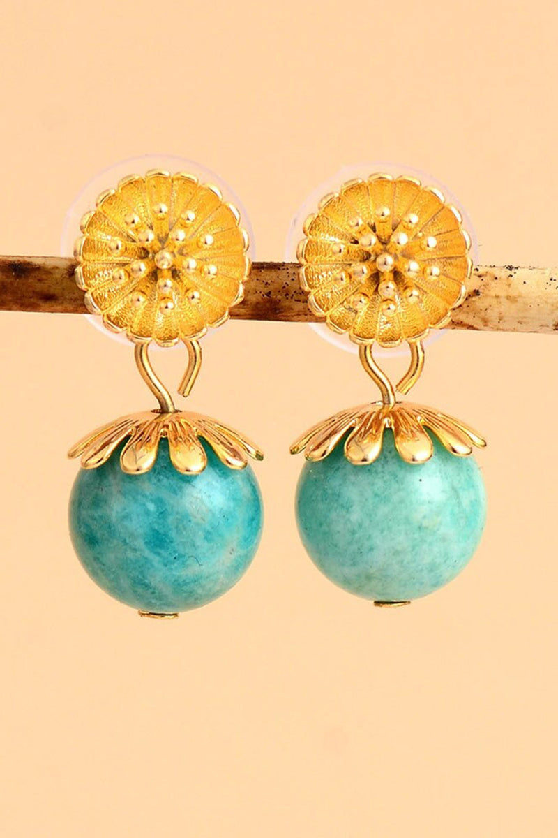 Boho Earrings, Dangle Earrings, Blue Amazonite Gold Flower - Wild Rose Boho