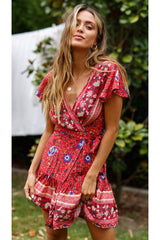 Mini Dress, Sundress, Wrap Dress, Urban Flow in Red and Navy - Wild Rose Boho