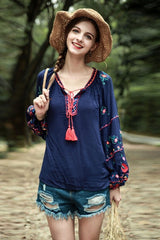 Boho Blouse, Embroidery Cotton in Navy - Wild Rose Boho