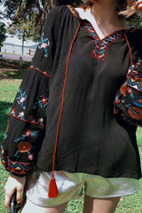 Boho Blouse, Embroidery Cotton in Navy, Red, White and Black - Wild Rose Boho