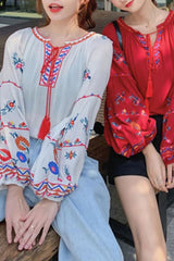 Boho Blouse, Embroidery Cotton in Navy, Red, White and Black - Wild Rose Boho