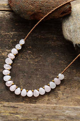 Boho Necklace, Blue Amazonite, Seed Beads Rose Quartz