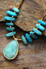 Boho Necklace, Blue Amazonite, Seed Beads Jasper and Amazonite