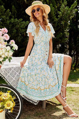 Boho Midi Dress, Sundress, Quincy in Green and Pink