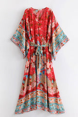 Boho Robe, Kimono Robe, Beach Cover up, Wild Flower Kelly Red
