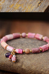 Boho Bracelet, Stretchy Bracelet, Pink and Blue Rhodonite - Wild Rose Boho