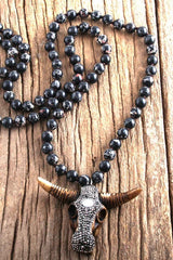 Boho Necklace, RH Antique Horn Crystal Lava Stone