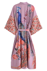 Boho Robe, Kimono Robe, Beach Cover up, Peacock in White and Pink