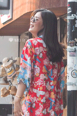 Boho Robe, Kimono Robe,  Beach Cover up, Short Robe, Blue Bird in Red