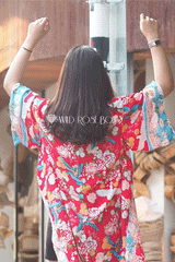Boho Robe, Kimono Robe,  Beach Cover up, Short Robe, Blue Bird in Red