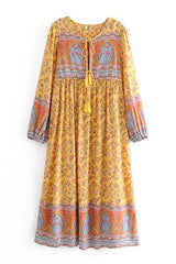 Boho Dress, Gown, Bumblebee Yellow Indian Floral - Wild Rose Boho