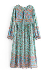 Boho Dress, Gown, Parakeet Green Indian Floral - Wild Rose Boho