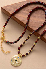 Boho Necklace, Seed Beads Gold Horn Evil Eye Heart Pendant