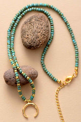 Boho Necklace, Seed Beads Gold Horn Evil Eye Heart Pendant