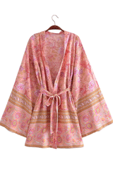 Boho Robe, Kimono Robe, Beach Cover up, Short Robe, Eulalie in Green and Pink