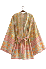 Boho Robe, Kimono Robe, Beach Cover up, Short Robe, Eulalie in Green and Pink
