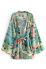 Boho Short Kimono Robe – “Lily Lotus” Green Floral Wrap Cover-Up for Women