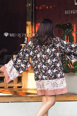Boho Robe, Kimono Robe, Black Lari Bird - Wild Rose Boho