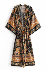 Boho Robe, Kimono Robe, Rosa Black Midnight - Wild Rose Boho