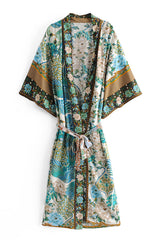 Boho Robe, Kimono Robe, Green Flamingo - Wild Rose Boho
