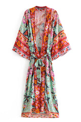 Boho Robe, Kimono Robe, Peony Green Red - Wild Rose Boho