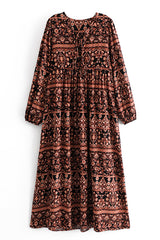 Boho Dress, Gown, India Flower Tribal Brown - Wild Rose Boho