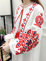 Boho Dress, Gown, White and Navy Cotton Tapestry - Wild Rose Boho