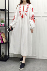 Boho Dress, Gown, White and Navy Cotton Tapestry - Wild Rose Boho