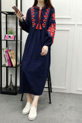 Boho Dress, Gown, White and Navy Cotton Tapestry - Wild Rose Boho