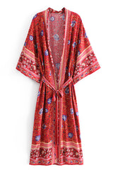 Boho Robe, Kimono Robe, Beach Cover up, Red Wild Flower