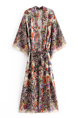 Boho Robe, Kimono Robe, Black White Flower Zebra - Wild Rose Boho