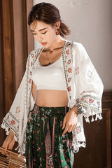 Boho Robe, Embroidery Cotton Robe, White Tassel - Wild Rose Boho