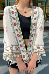 Boho Robe, Embroidery Cotton Robe, White Tassel - Wild Rose Boho
