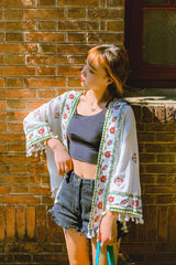 Boho Robe, Embroidery Cotton Robe, White Tassel - Wild Rose Boho