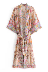 Boho Robe, Kimono Robe, Sweet Vintage Pink Flower - Wild Rose Boho