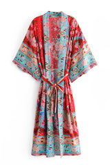 Boho Robe, Kimono Robe, Wild Flower Kelly Red - Wild Rose Boho