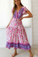 Maxi Dress, Boho Dress, Wild Floral, Fresh Pink Fuchsia - Wild Rose Boho