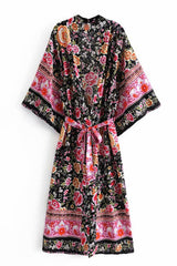 Boho Robe, Kimono Robe, Pink Night Blooming - Wild Rose Boho