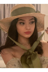 Boho Hat, Sun Hat, Beach Hat, Wide Brim Straw Hat,Green Ribbon - Wild Rose Boho