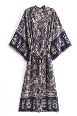 Boho Robe – Bohemian Kimono Robe – Black Flower Whisper Kimono Cover-Up for Beach or Lounge