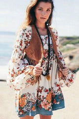 Mini Dress, Boho Dress, Playdress, White Modern Kimono Dress Floral - Wild Rose Boho