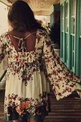 Mini Dress, Boho Dress, Playdress, White Modern Kimono Dress Floral - Wild Rose Boho