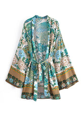 Kimono Robe – “Flamingo in Green” Boho Short Cover-Up for Beach & Lounge