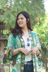 Kimono Robe – “Flamingo in Green” Boho Short Cover-Up for Beach & Lounge